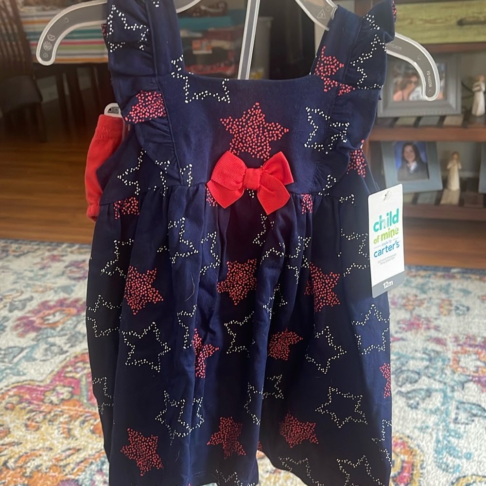 12 month, red, white and blue Carter’s dress with red bloomers.